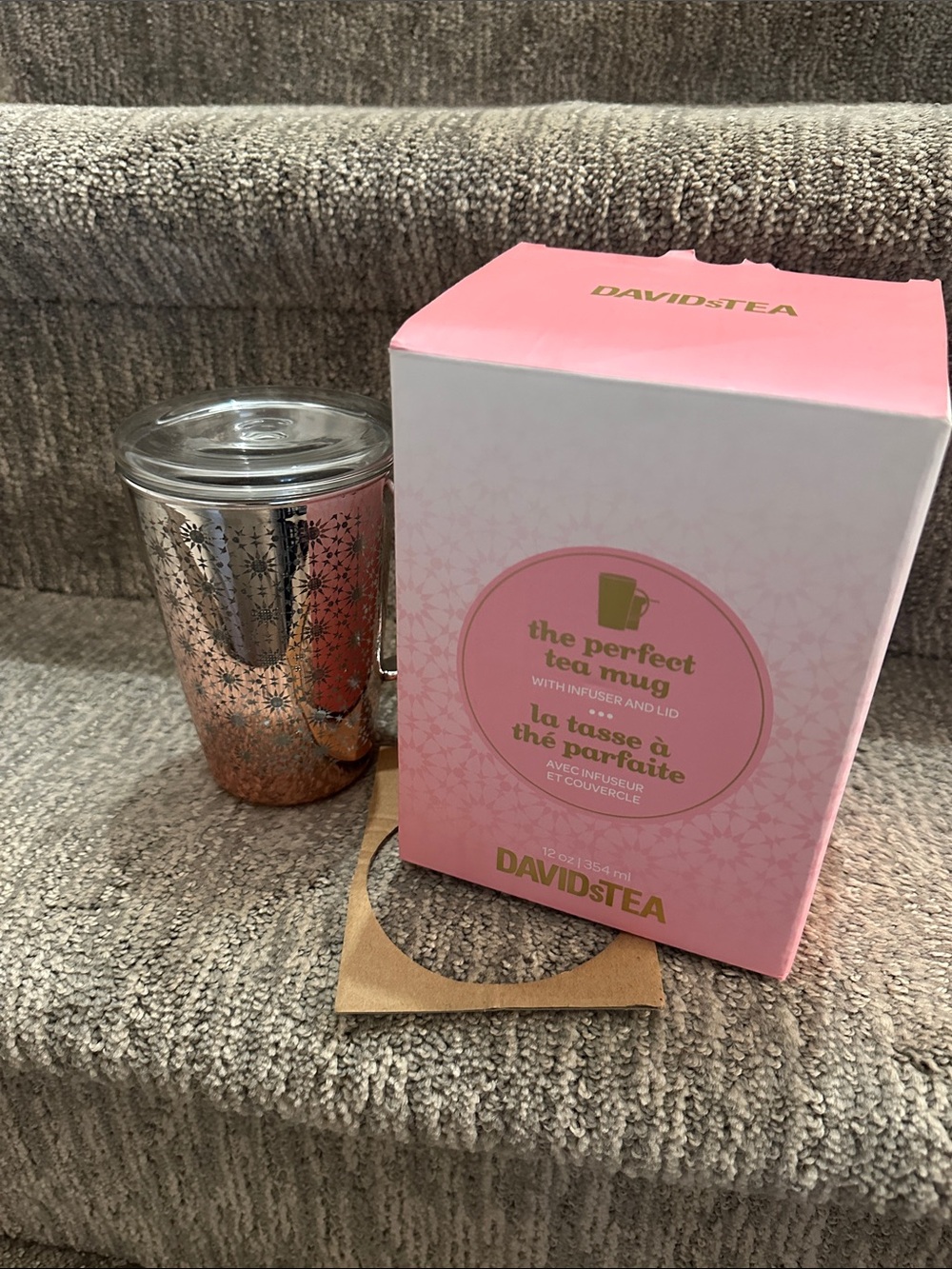 David’s tea Pink & Gold Tea Mug with Infuser and Lid